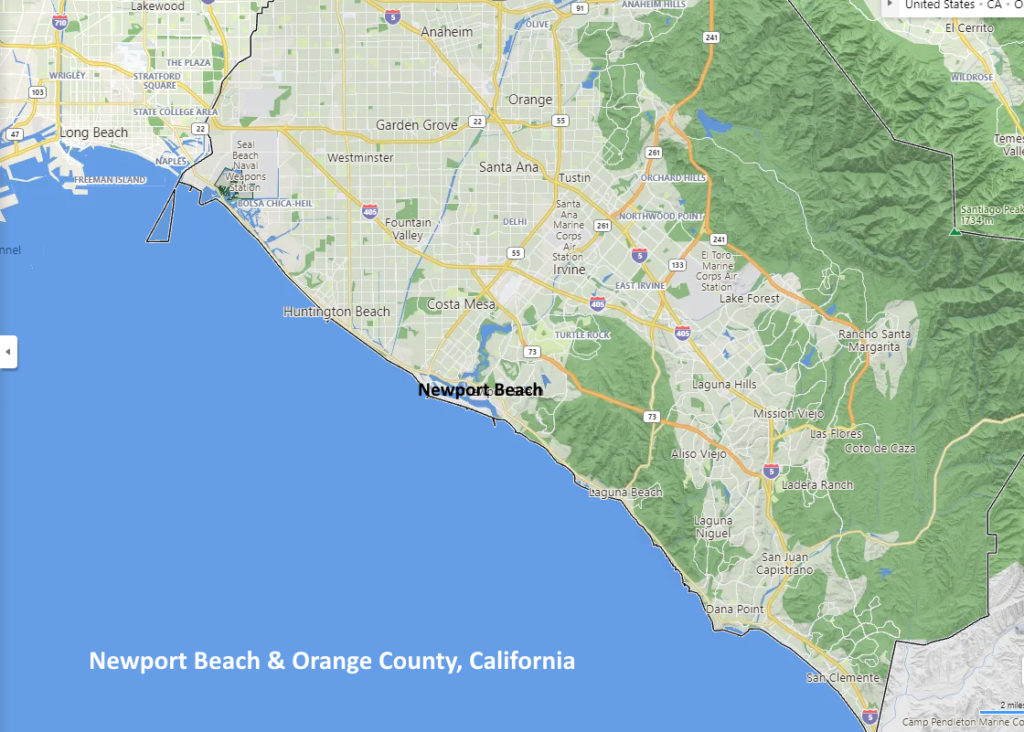 Map of Newport Beach California in Orange County CA