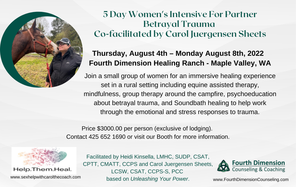 5 day womens intensive retreat for partner betrayal trauma at Fourth Dimension Healing Ranch in Maple Valley, WA.