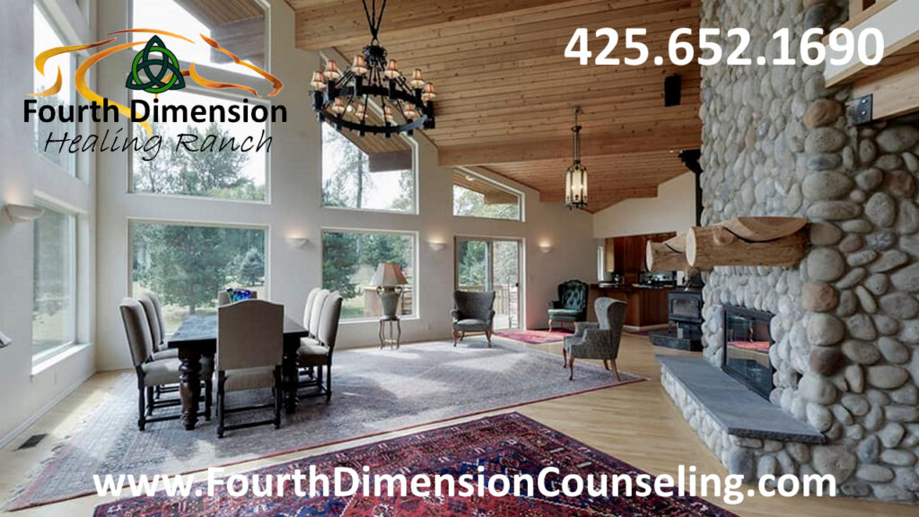 Fireplace, Living and Dining Rooms at Fourth Dimension Healing Ranch in Maple Valley Washington
