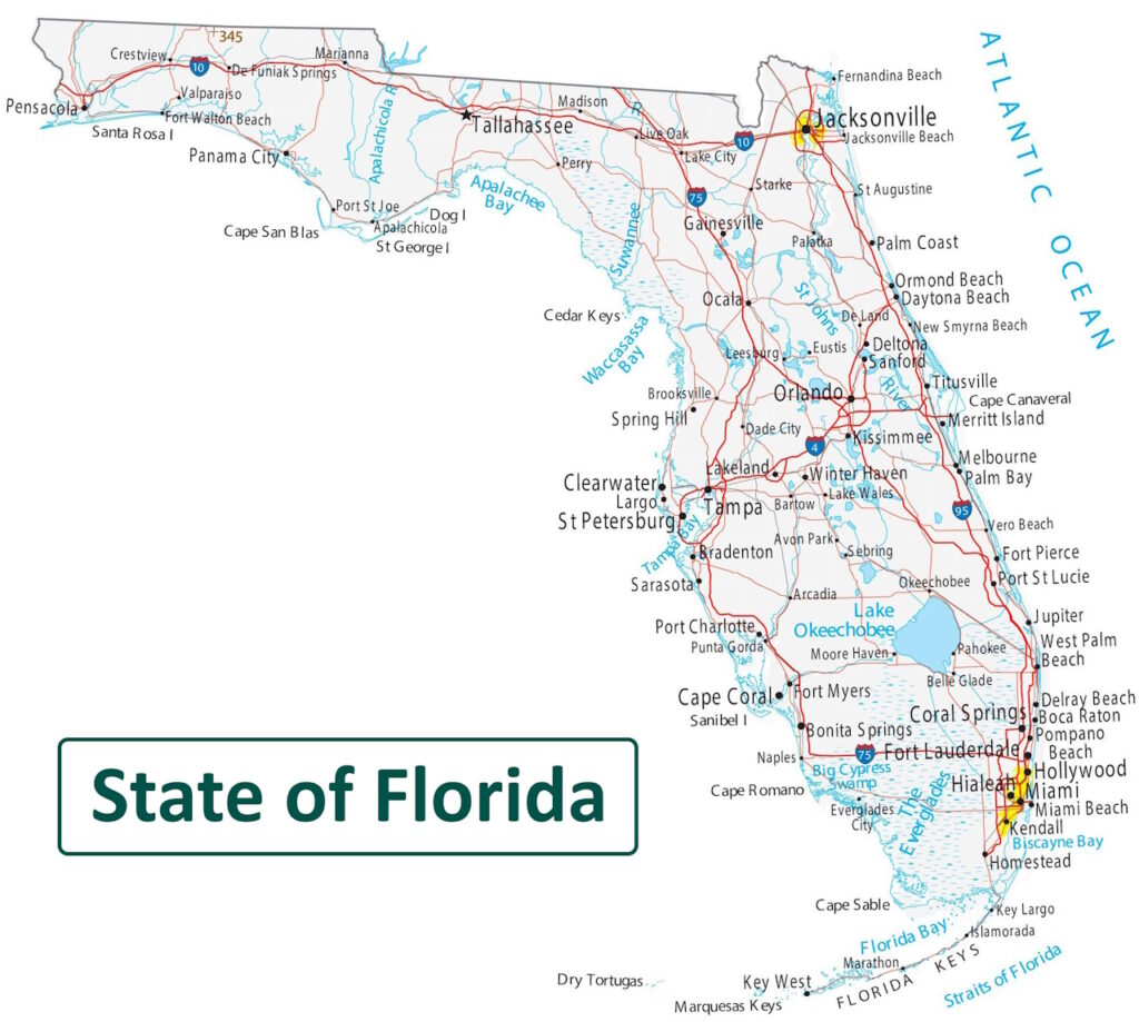 Map of the State of Florida and Florida Cities
