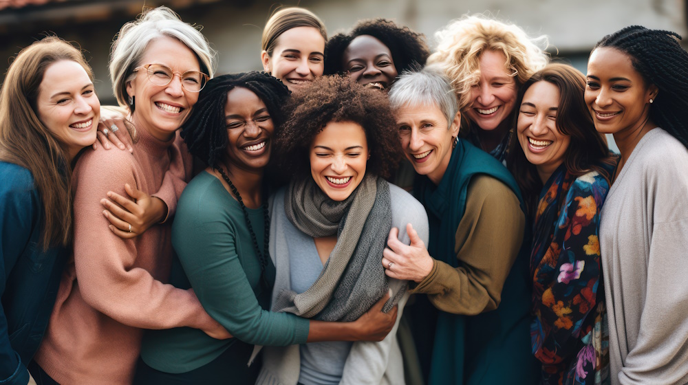 Group therapy and support. Several middle-aged women hug, supporting each other during psychological practice. Mental health and empathy. Empathy.